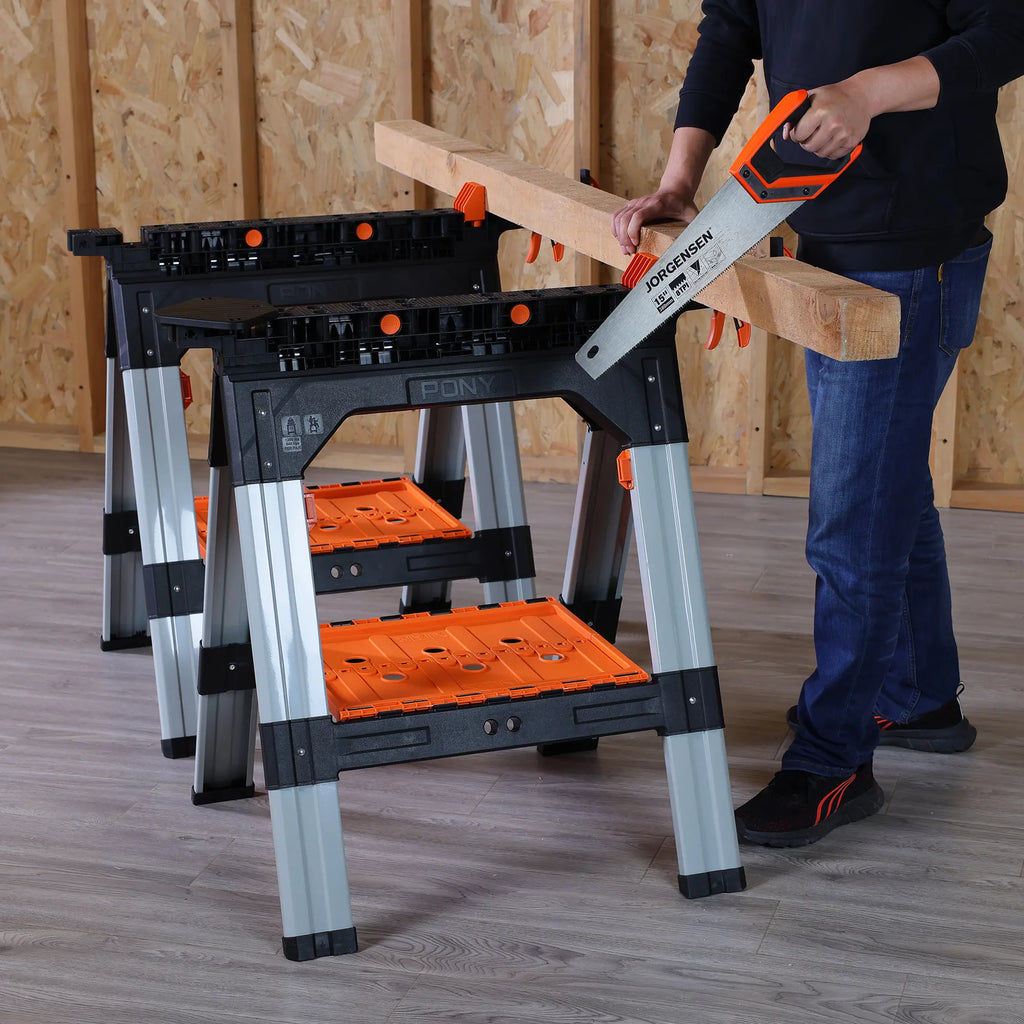 PONY 2-Pack Heavy Duty Folding Sawhorses with Clamps